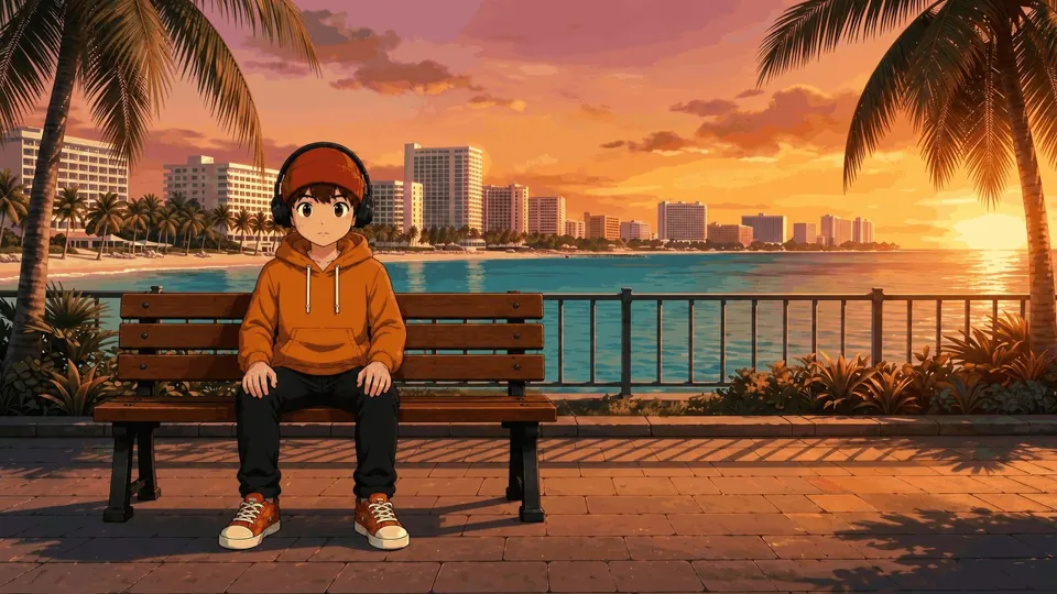 SSC LoFi artwork: Open Seat mascot on a bench in Cancún at sunset